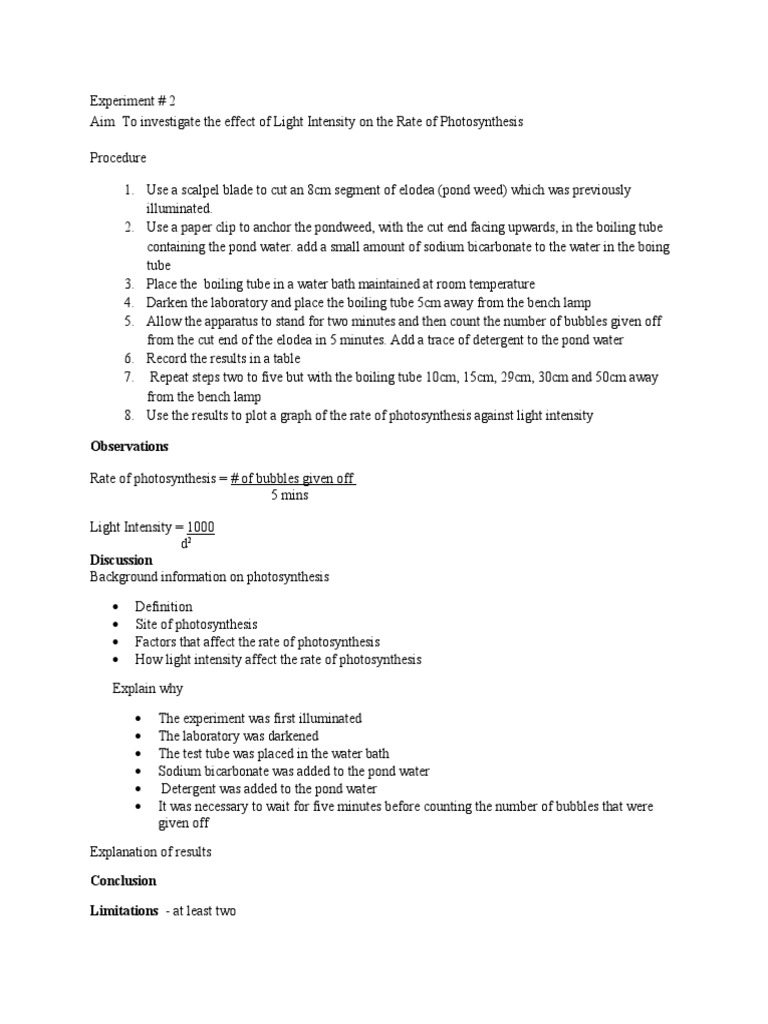 Light Intensity Experiment (Students Lab Sheet) PDF