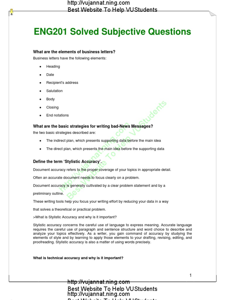 ENG201 Final Term Subjective Guide | PDF | Memorandum | Sentence ...