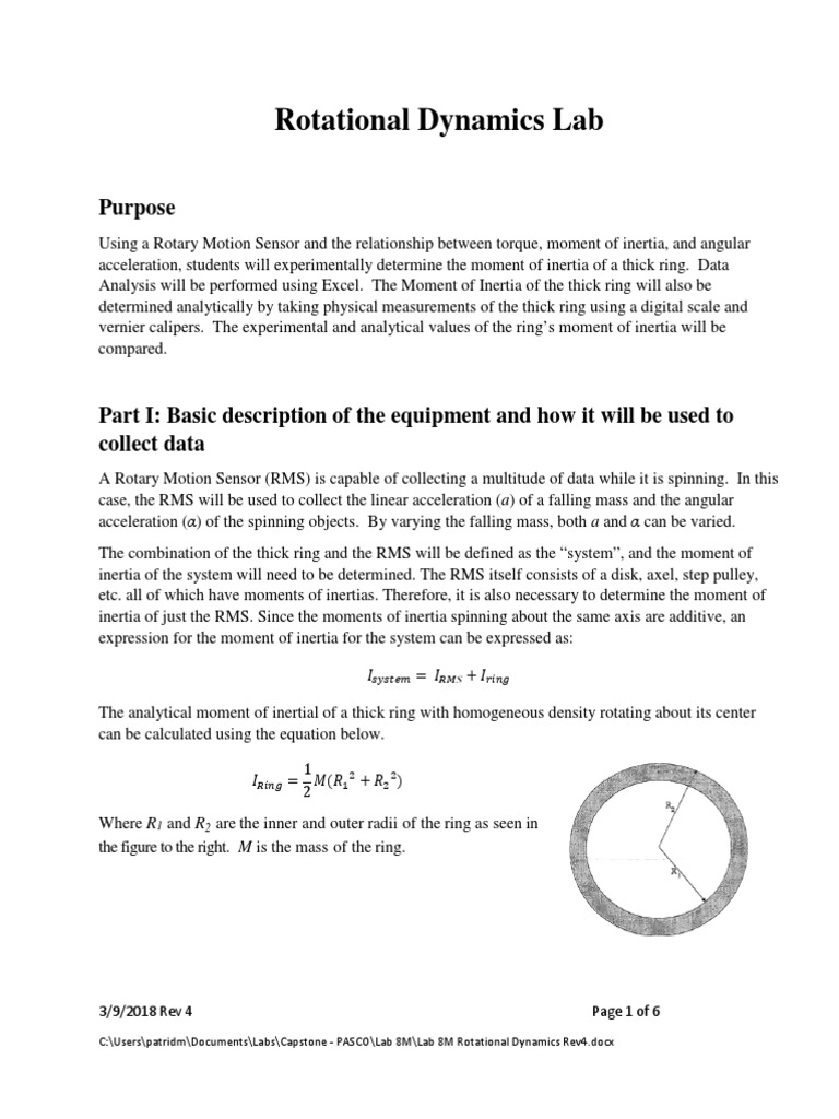 Moment of Inertia Lab for Thick Ring | PDF | Rotation Around A Fixed ...