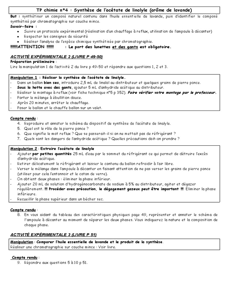 Tp Synthèse De L Acétate De Linalyle Corrigé TP C4 Synthese | PDF | Acide acétique | Chimie