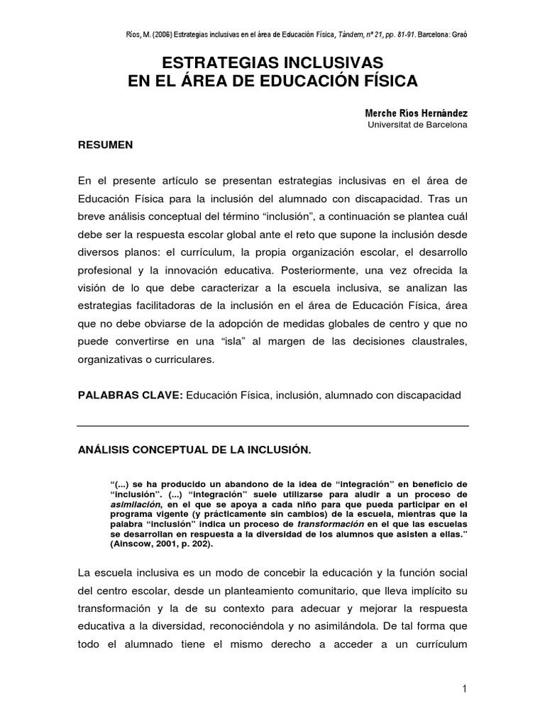 Estrategias Inclusivas en Educación Física | PDF | Inclusión (Educación ...