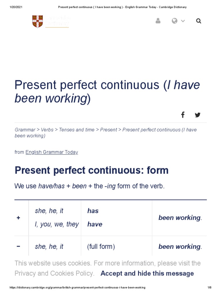 Present Perfect Continuous (I Have Been Working) - English Grammar Today - Cambridge  Dictionary, PDF, Internet Privacy