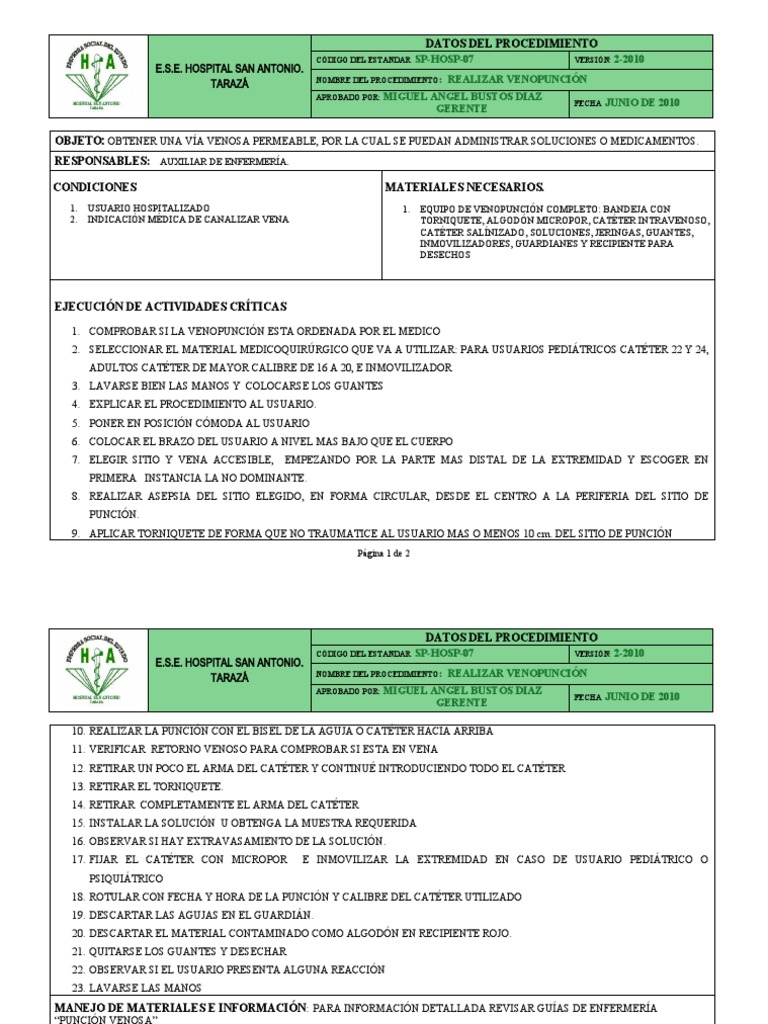 Procedimiento de Venopunción en Hospital | PDF | Terapia intravenosa ...