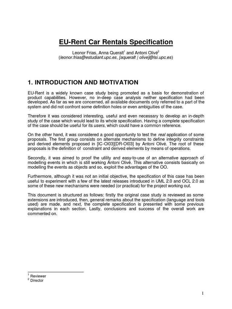 EU-Rent Car Rentals Specification: 1. Introduction and Motivation | PDF ...