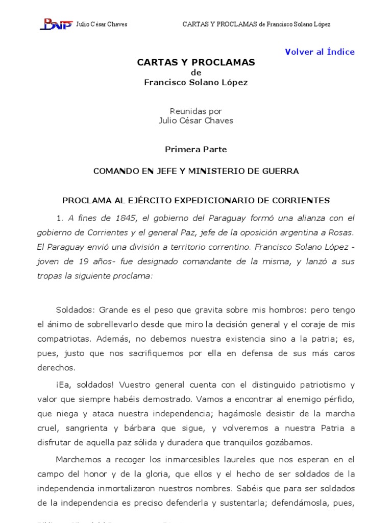 Cartas y Proclamas de Francisco Solano López - Julio César Chaves | PDF |  Paraguay | Nacionalidad