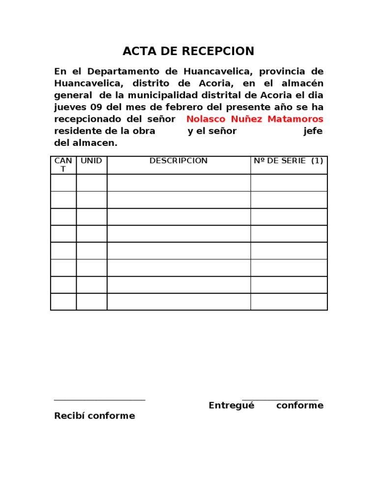 Acta de Recepcion de Materiales | PDF | Business