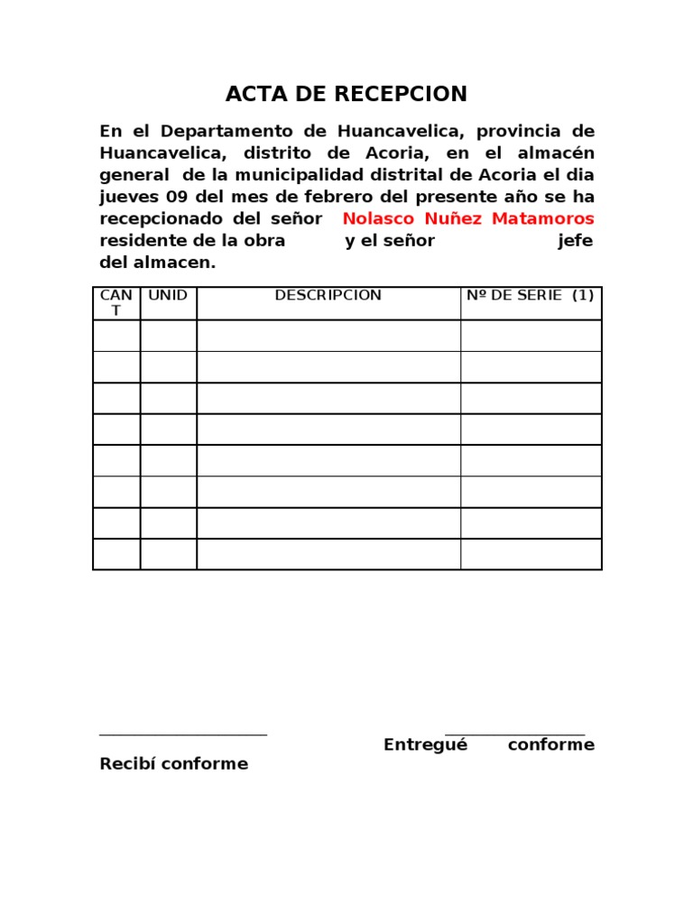 Introducir 48+ imagen modelo de acta de recepcion de materiales