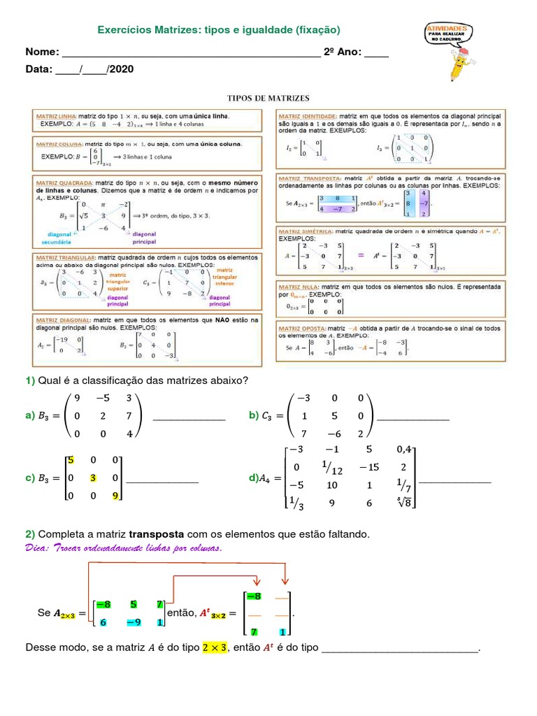 20 Exercícios Matrizes Tipos e Igualdade Fixação 29102020 | PDF ...