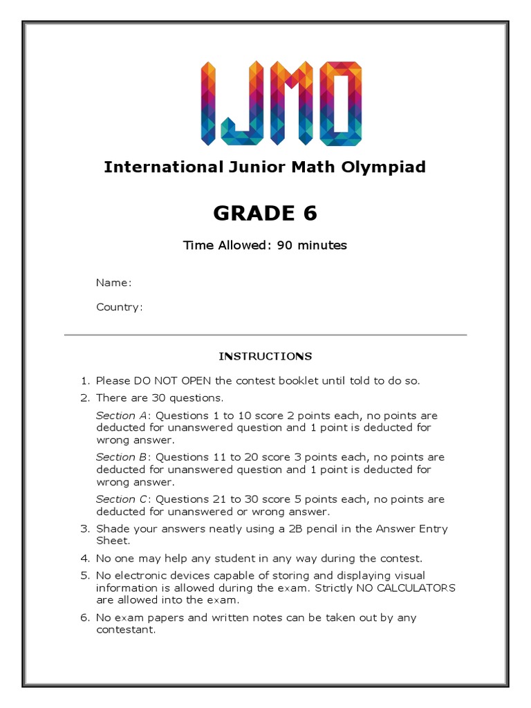 Grade 6 Math Olympiad Past Paper | PDF | Area | Teaching Mathematics
