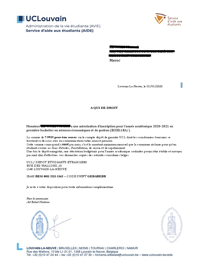 Attestation d'inscription UCL 2020-2021 | PDF