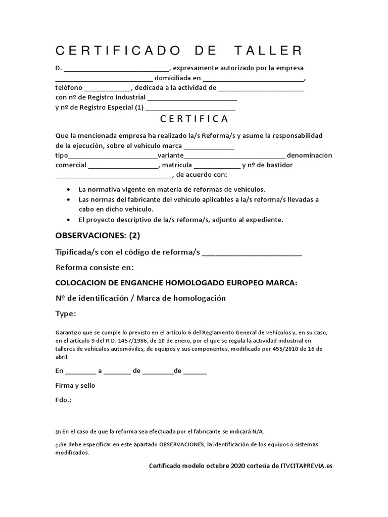 Certificado de Taller para Enganche Remolque PDF