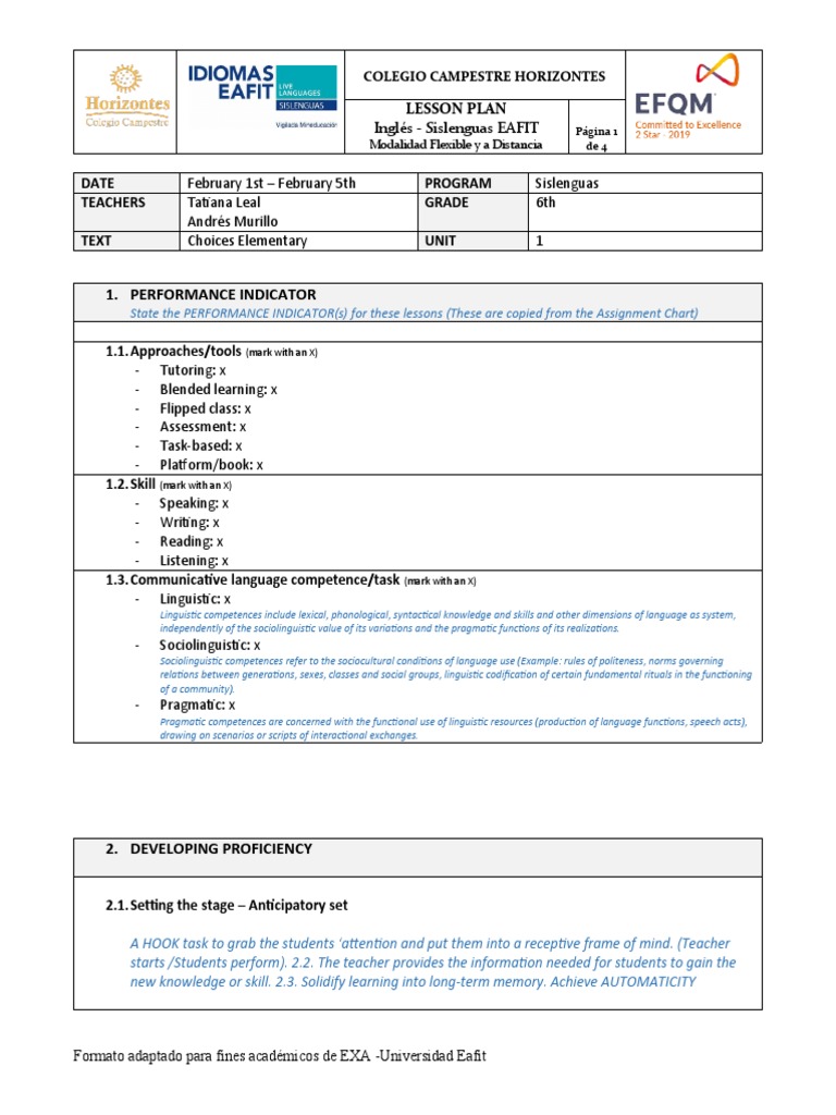 Performance Indicator Lesson Plan PDF Sociolinguistics Teachers