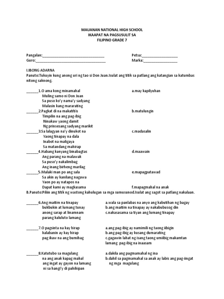 Ika-Apat Na Pagsusulit Sa Filipino Grade 7 | PDF
