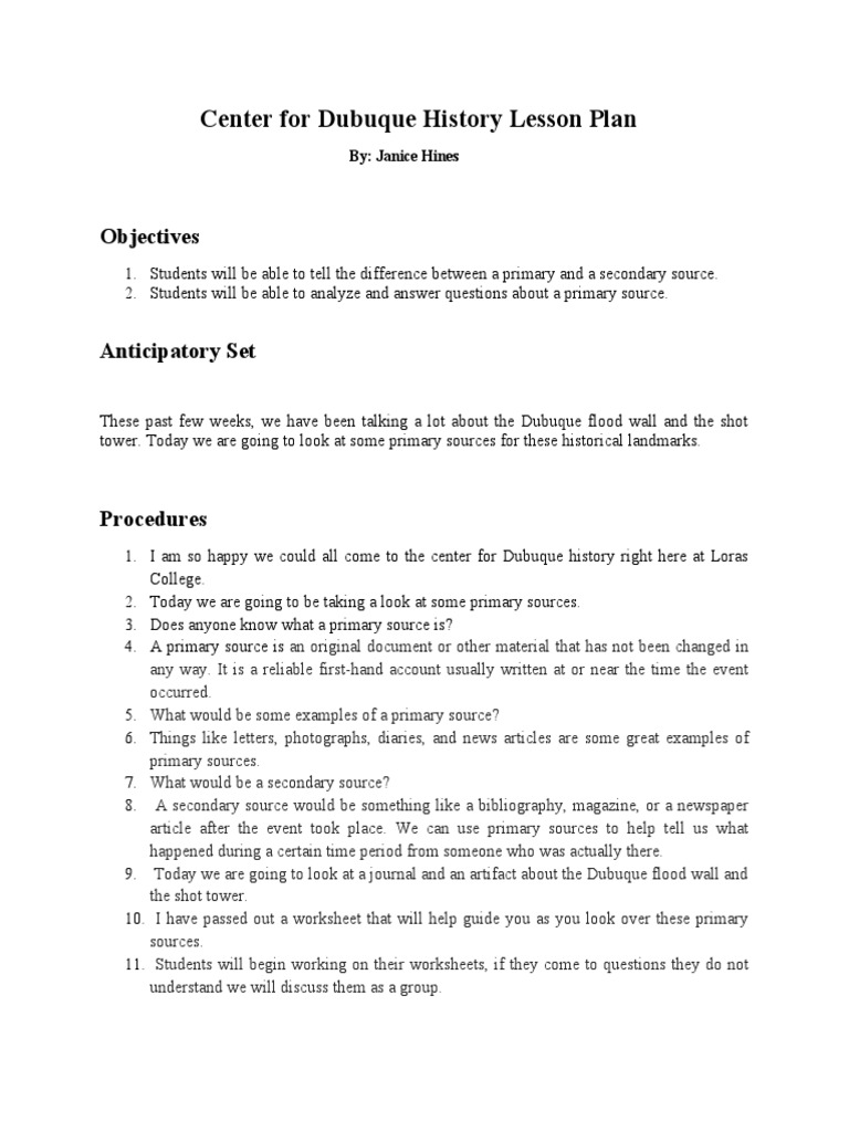 Center For Dubuque History Lesson Plan PDF Primary Sources Lesson