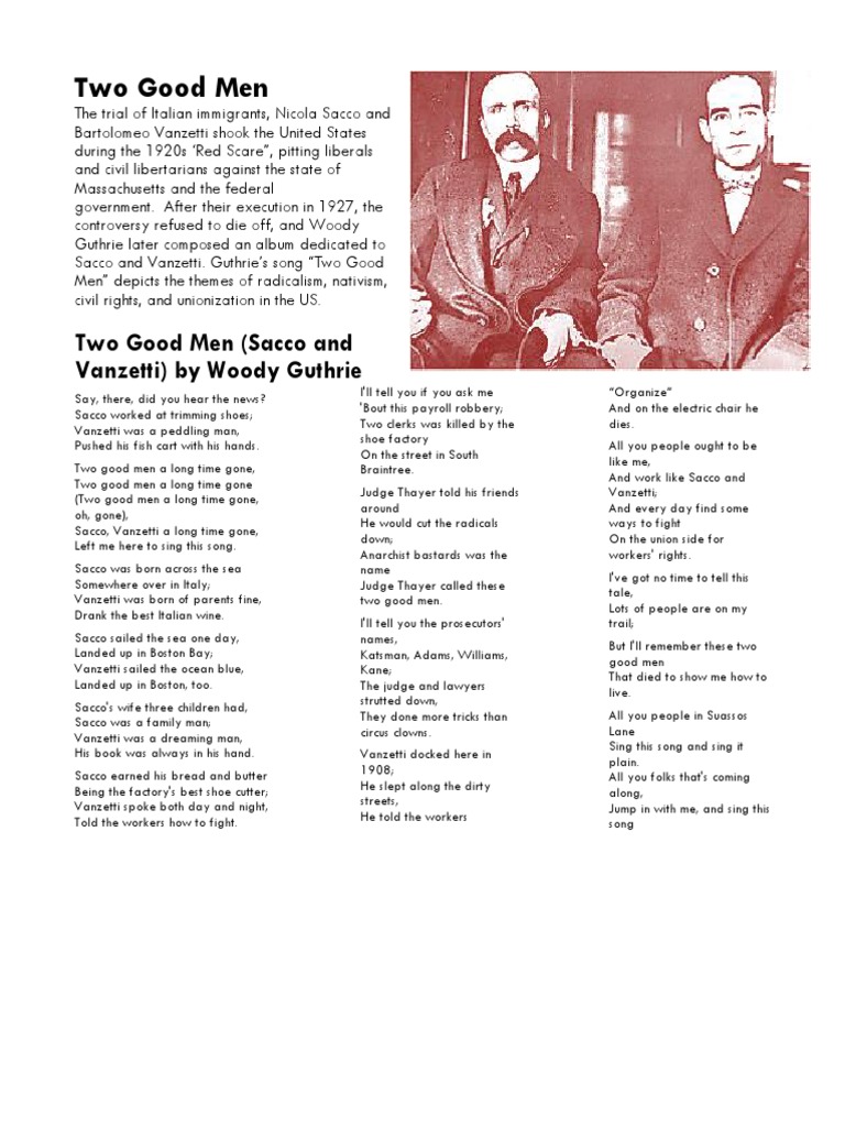Two Good Men Sacco and Vanzetti Trial Song Worksheet | PDF | Violence