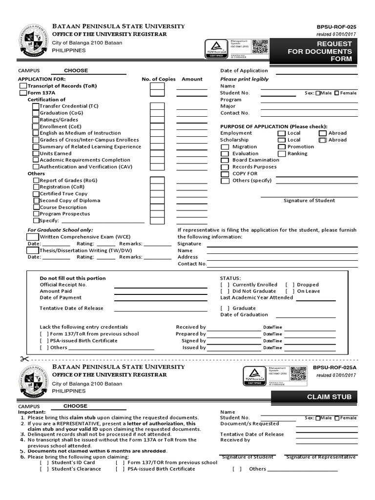 BPSU Request for Academic Documents | PDF | Thesis | Test/Examination