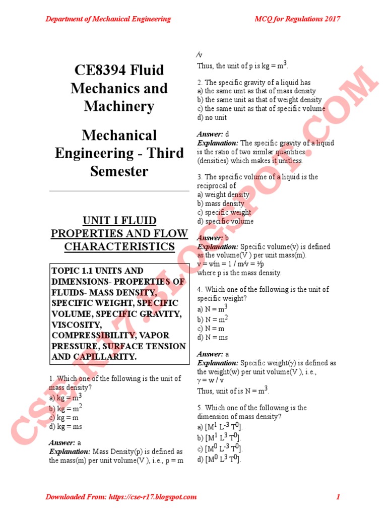 CE8394 Fluid Mechanics and Machinery MCQ | PDF | Reynolds Number ...