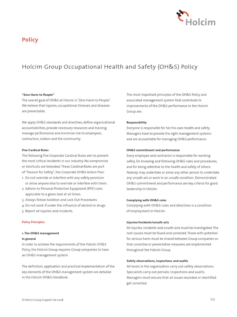 Holcim OH S Policy | PDF | Safety | Occupational Safety And Health