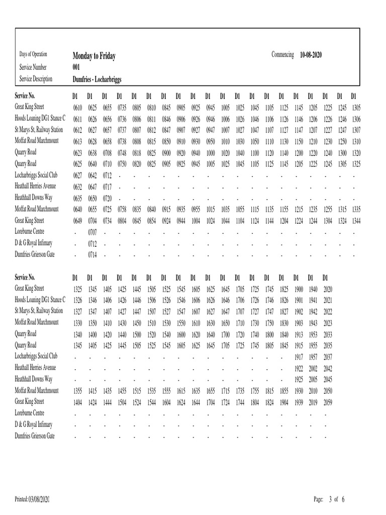 Dumfries Locharbriggs Bus Service Timetable Commencing 10082020