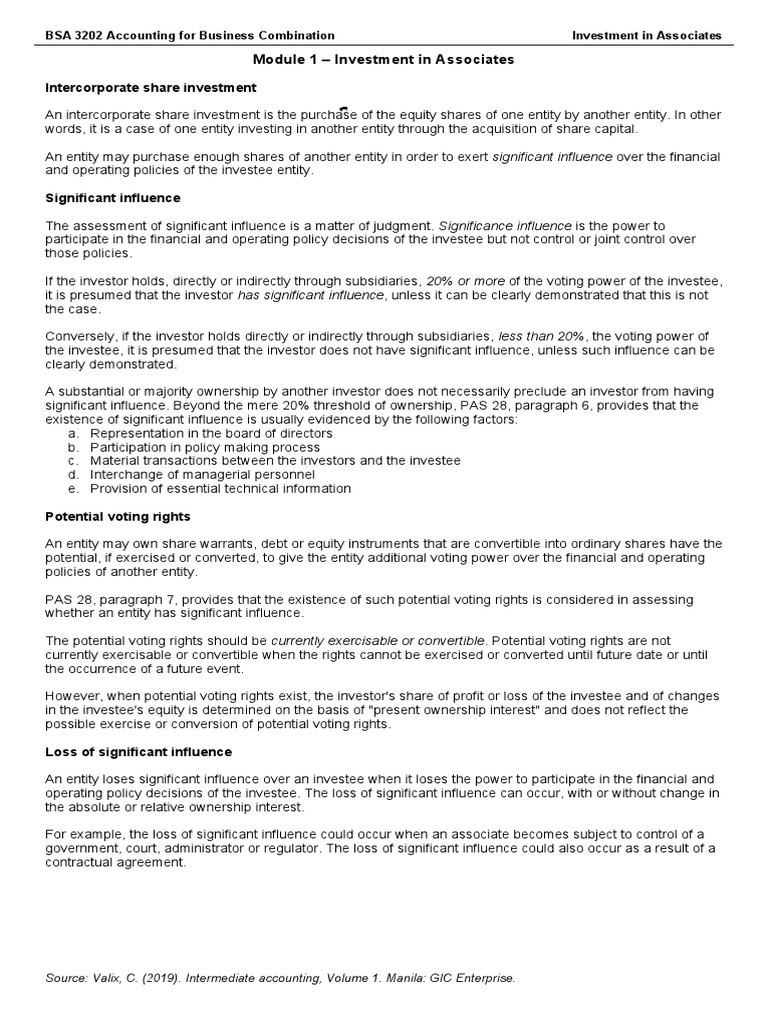 BSA 3202 Topic 1 - Investment in Associates | PDF | Goodwill (Accounting) |  Investing