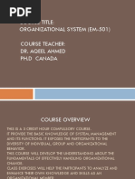 Course Title: Organizational System (Em-501) Course Teacher: Dr. Aqeel Ahmed PH.D Canada