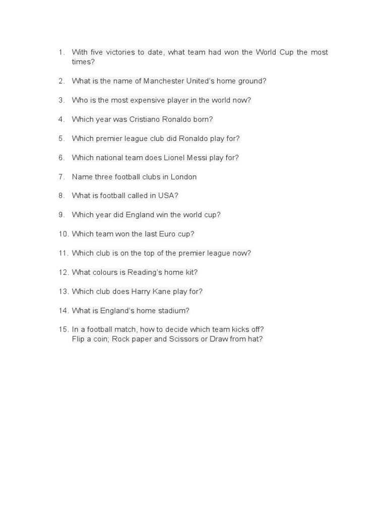Football Quiz Questions and Answers | PDF | Sports & Recreation