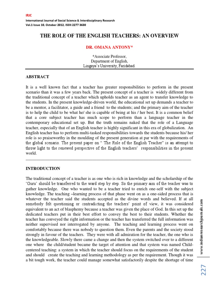 Roles Of English Teachers Pdf Language Education Teachers