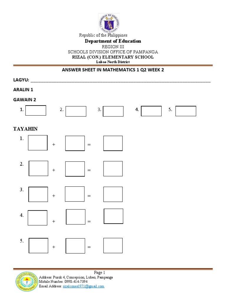 Grade 2 Math Answer Sheet Q2 Wk 2 | PDF | Asia | Southeast Asia