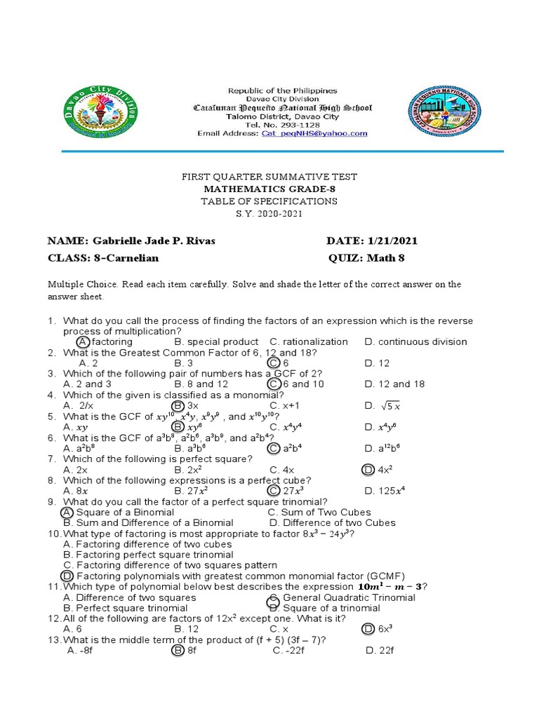 Grade 8 Math First Quarter Exam | PDF | Factorization | Rational Number