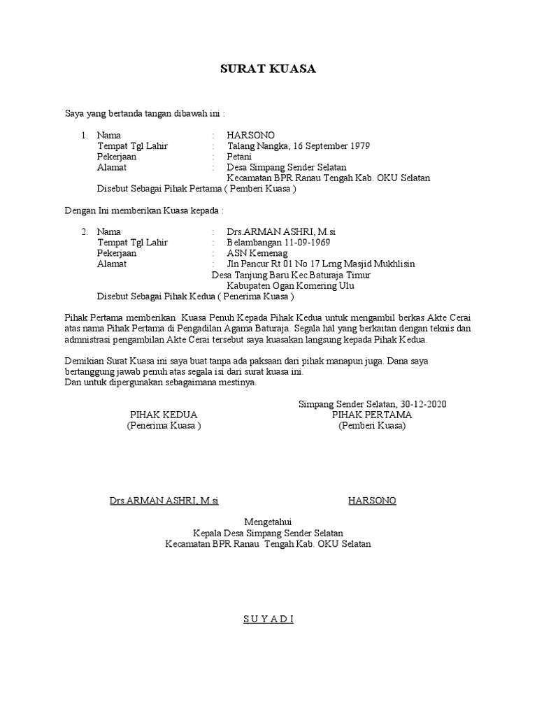 Surat Kuasa Pengambilan Akta Cerai