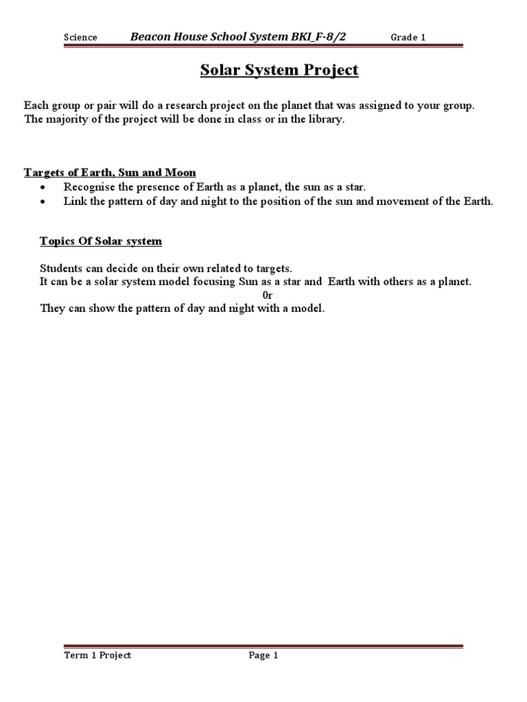 Grade 1 Solar System Project Guide | PDF | Solar System | Sun