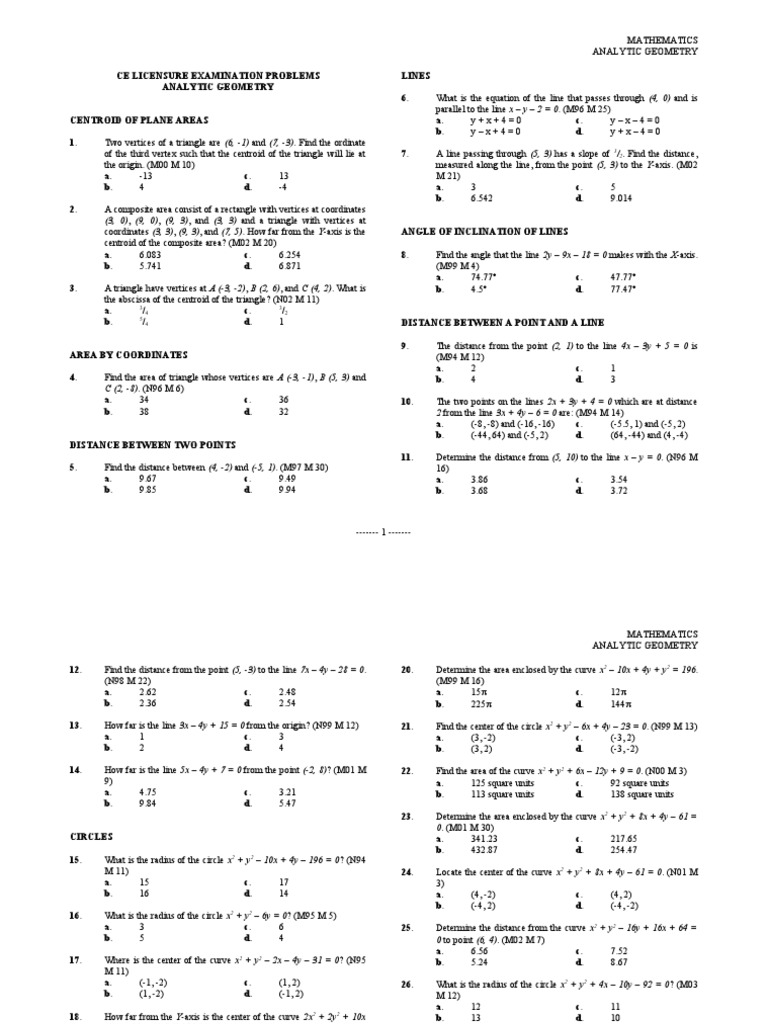 CE Board Problems in Analytic Geometry | PDF | Ellipse | Line (Geometry)