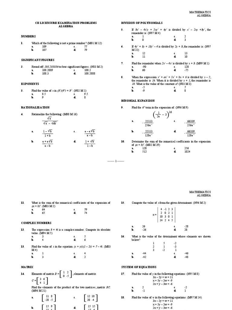 CE Board Problems in Algebra | PDF | Mean | Complex Number