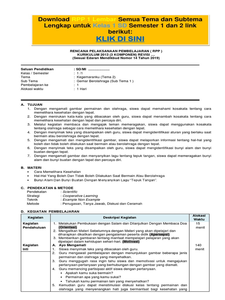 Contoh RPP K13 SD Kelas 1 Tema Olahraga | PDF