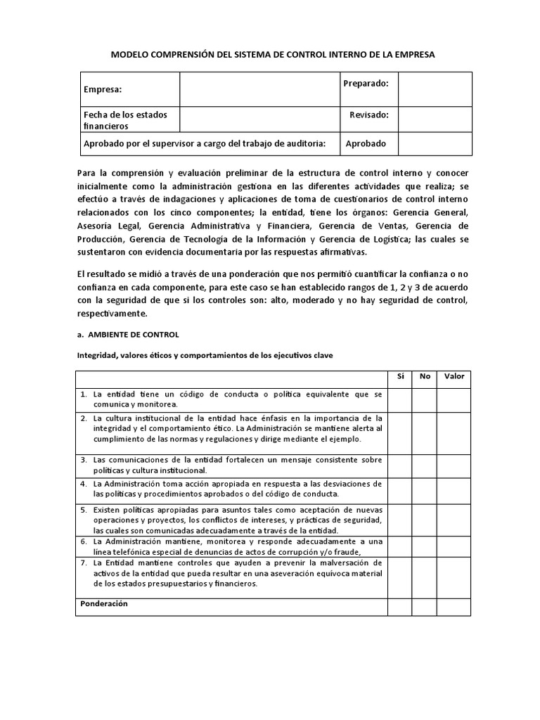 Modelo Comprensión Del Sistema de Control Interno | PDF | Contabilidad ...