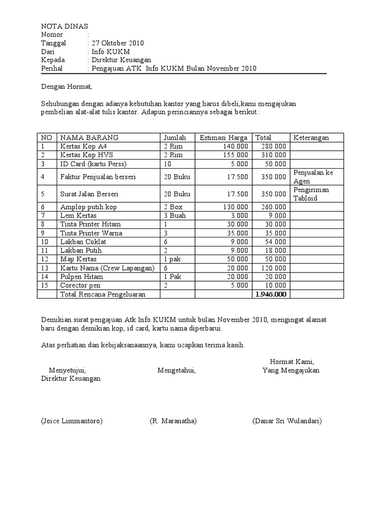 Contoh Nota Dinas Pengajuan Atk
