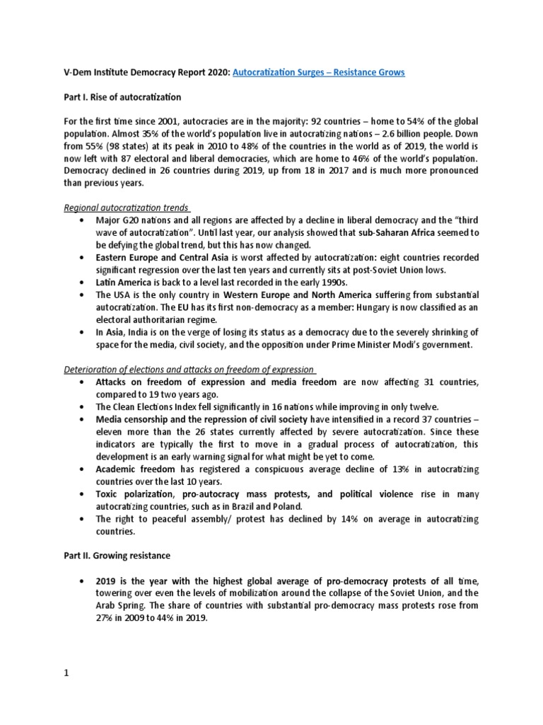 V-Dem Report Summary 2020 | PDF | Liberal Democracy | Arab Spring