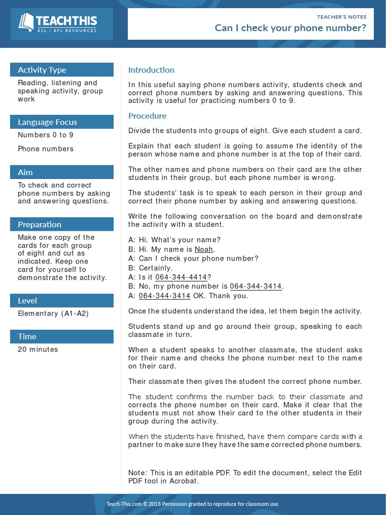 Can I Check Your Phone Number (Example) | PDF | English As A Second Or ...