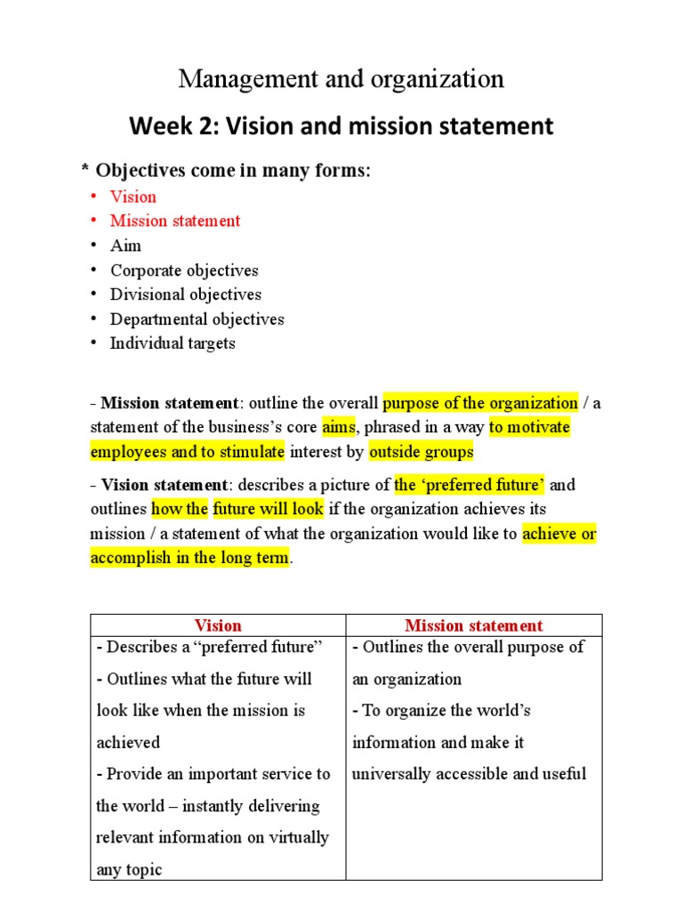Week 2: Vision and Mission Statement | PDF | Swot Analysis | Corporate ...