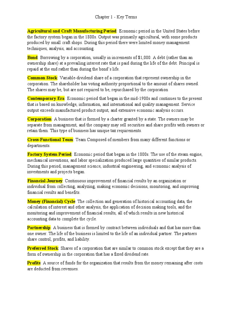 Chapter 1 Key Terms PDF Corporations Stocks