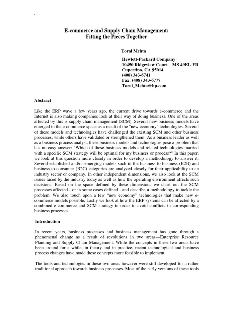 E-Commerce and Supply Chain Management: Fitting The Pieces Together | PDF