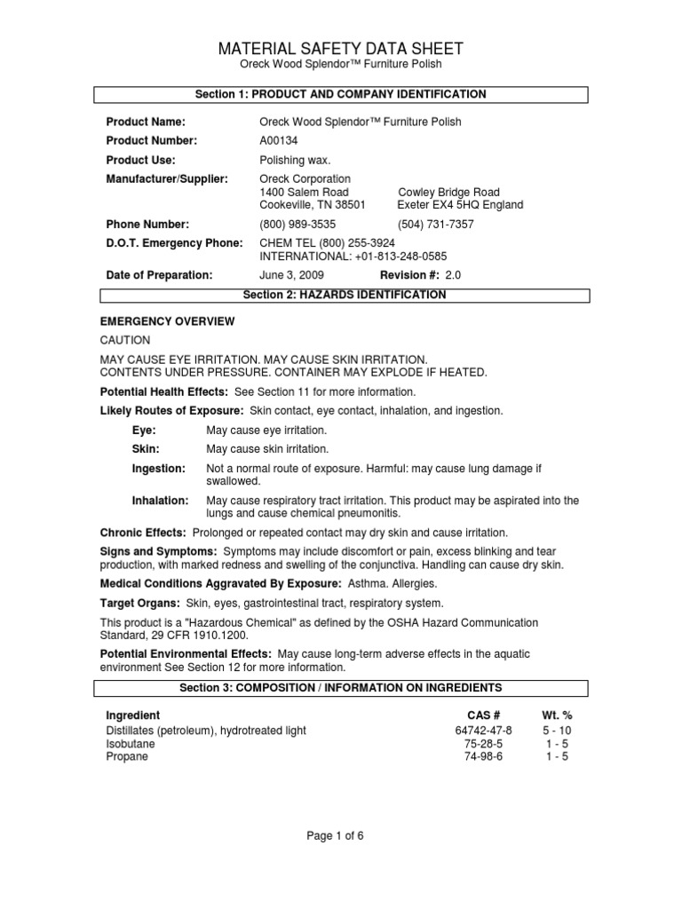A00134Oreck Wood Splendor Furniture PolishMSDS0609English1 PDF