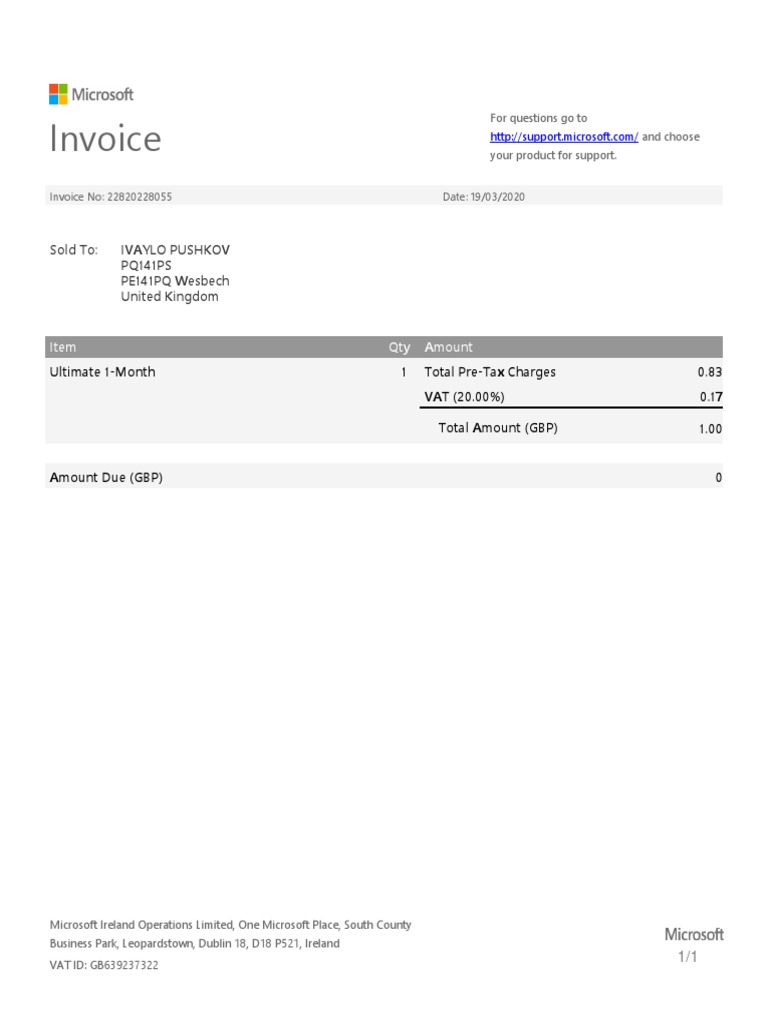 Microsoft Invoice for Ivaylo Pushkov | PDF
