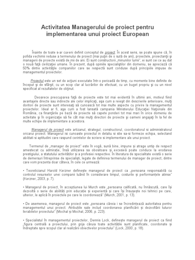 Proiect - Activitatea Managerului de Proiect Pentru Implementarea Unui ...
