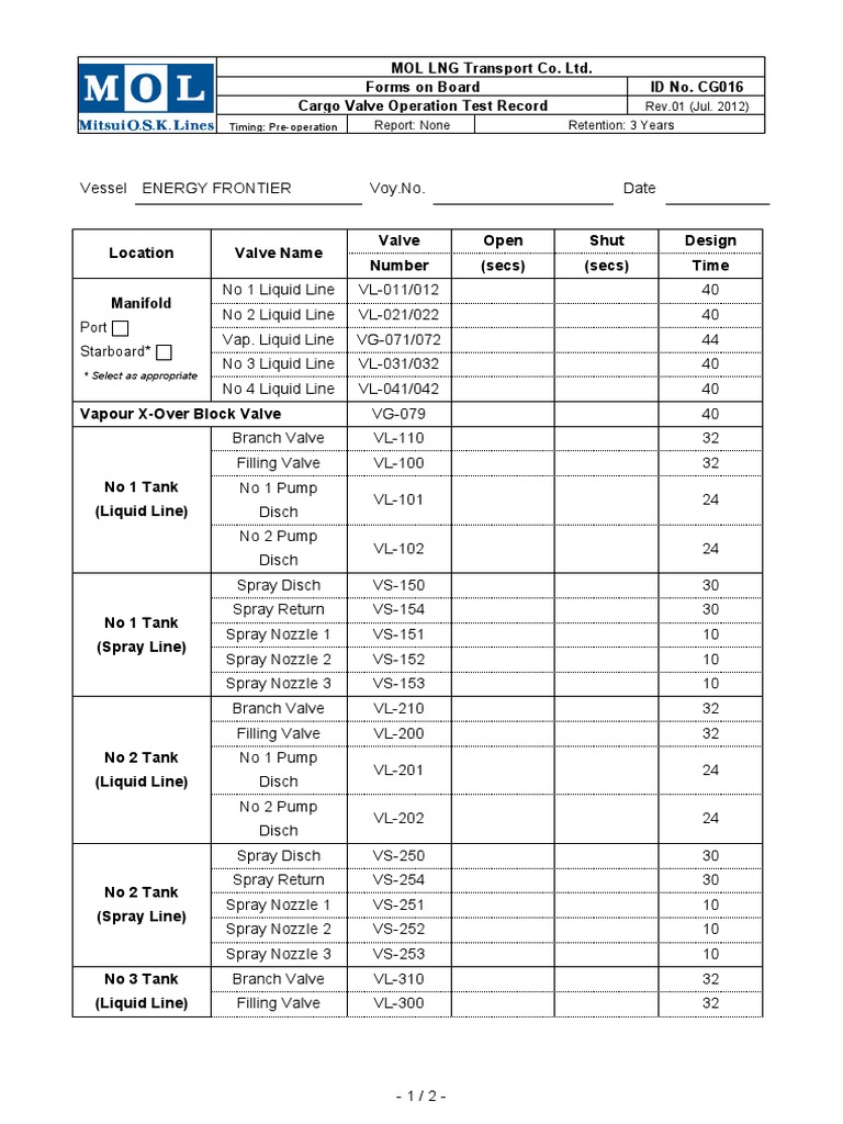 Cargo Valve Operation Test Record | PDF | Pump | Valve