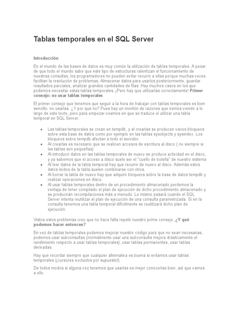 Tablas Temporales en El SQL Server PDF Servidor SQL de Microsoft SQL