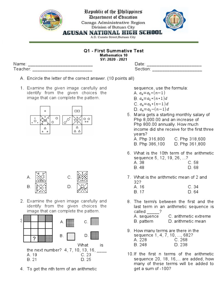 Grade 10 Math Test: Arithmetic Sequences | PDF | Teaching Mathematics ...