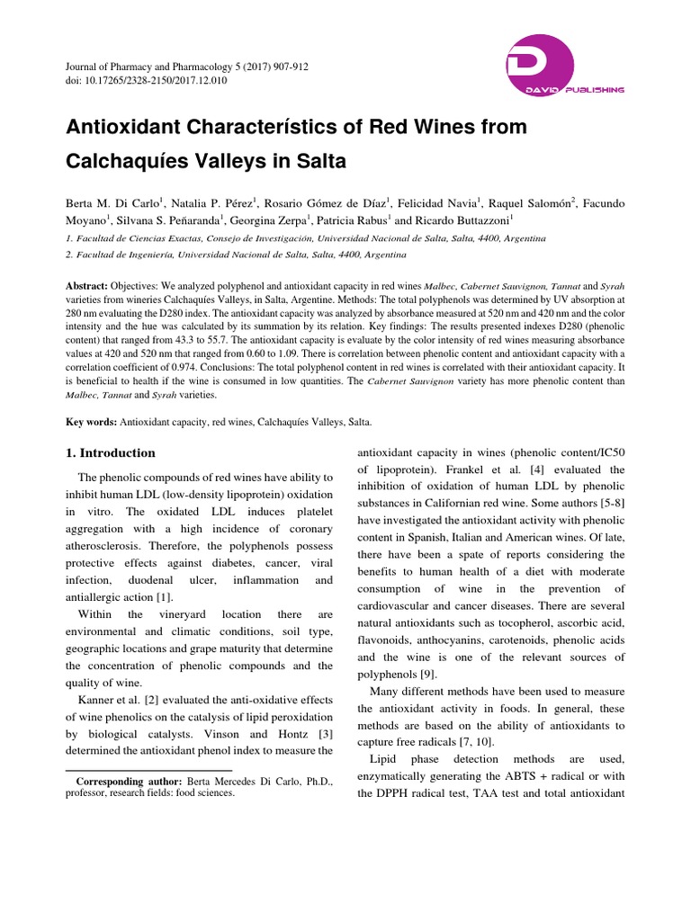Antioxidant Properties of Salta Red Wines | PDF | Phenolic Content In ...