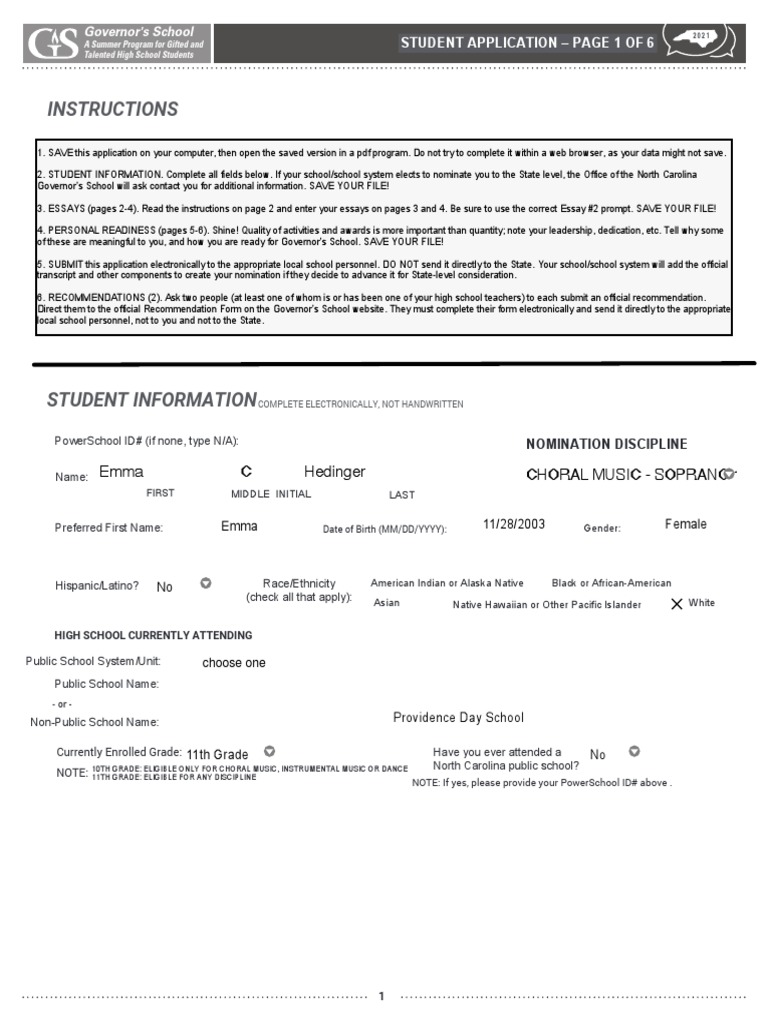 NC Governor's School Student Application | PDF | Race And Ethnicity In ...