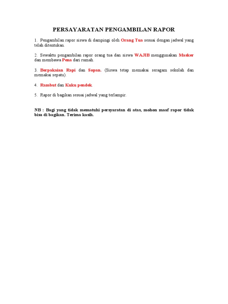 Syarat Pengambilan Rapor | PDF